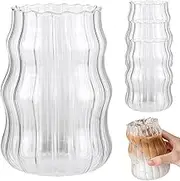 Ribbed Glassware 530ml Wavy Glass Cup Reusable Easy to Clean Ribbed Glass Cups Transparency Aesthetic Cup for Iced Coffee Juice Beverage Milk Glassware