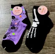 Halloween Socks Kids Sz 7 -8.5 Ankle Spiders Skeleton Two Pairs Teen Shoe Sz 8