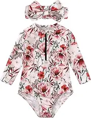 [Happy Cherry] Infant Baby Girl One Piece Monokini Swimsuit Cute Printed Floral Rash Guard Headband Set 0-24M