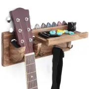 Wall Mount Guitar Hanger Shelf with Pick Holder and 3 Hooks - Carbonized Blac...