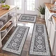 HEBE Boho Kitchen Rug Sets 3 Piece with Runner Bohemian Kitchen Rugs and Mats (Natural/Grey, 20"x32"+20"x48"+20"x59")