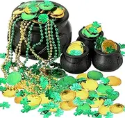 BOARDFEB 340 Pcs St Patricks Day Pot of Gold, 1 Large, 3 Mini Black Leprechaun Cauldron 200 Plastic Gold Coins 6 Beaded Necklaces 130 Shamrock Confetti for St Patricks Day Party Decoration Supplies