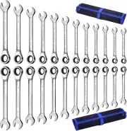 24Pcs Ratcheting Wrench Set with Rollup Pouches Metric (8Mm to 19Mm) & SAE (1/4"