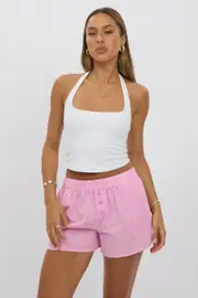 Pink Check Boxer Shorts Elasticated Waist - Size 6XXS, Women's Shorts