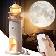 Moon Lamp Projector Night Light, LED Night Lamp Lighthouse Moonlight Projection Lamp, Moon Shadow Atmosphere Light for Bedroom, Living Room, Study (Remote Control)