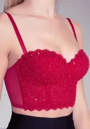 Red half corset bustier bra crop top cami hand decorated with sequins and beads