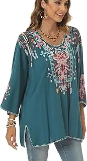 [Higustar] Mexican Embroidered Tops for Women Bohemian 3/4 Sleeve Shirt Boho Floral Peasant Tunic Blouse