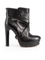 Black Leather Buckle Strap Boots