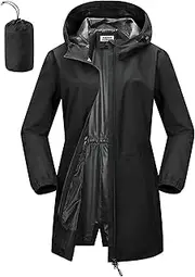 [Outdoor Ventures] Women's Rain Jacket Waterproof Packable Rain Coat Long Lightweight Packaway Windbreaker Breathable Running Golf Cycling Jacket with Hood