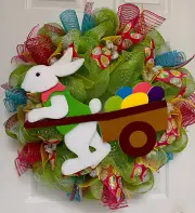 Easter Bunny Egg Wagon Wreath Handmade Deco Mesh