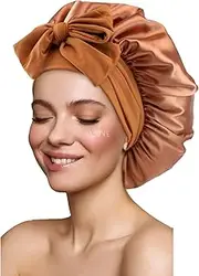 Satin Silk Hair Bonnet for Sleeping Large Bonnets with Tie Band Wrap with Adjustable Straps Night Sleep Caps for Women Curly Braid Hair Copper, Copper