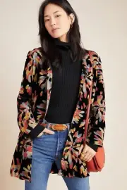 Anthropologie Eva Franco Fireworks Burnout Velvet Kimono Jacket Black Small Pet