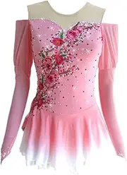 [LIUHUO] Pink Figure Skating Skirt 3D Stereo Embroidery Long Sleeve Girl Competition Performance