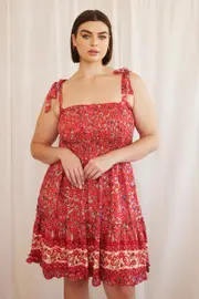 Red Boho Fit And Flare Dress Sleeveless Shirred