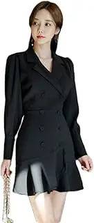 [ERTYUIO] Midi Dress Vintage Black/White Dresses Suit Collar Double-Breasted Ruffles Office Party Sexy Elegant Simple Dress