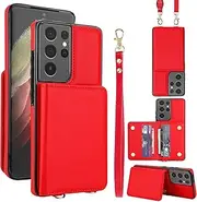 SLLMYYX for Samsung Galaxy S21 Ultra Case with RFID Blocking Card Holder Crossbody Lanyard Strap Leather Wallet Case with Magnetic Clasp Protective Cover for Galaxy S21 Ultra, Red