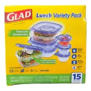 Glad Food Storage Containers, Lunch Variety Pack, 15 pieces SEALED