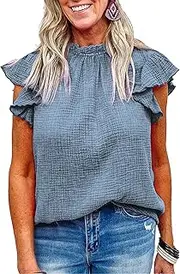 [Zylphorix] Women Lotus Leaf Sleeve Pleated T-Shirt Solid Color Crewneck Ruffle Sleeve Top Round Neck Cotton Blouse Tee