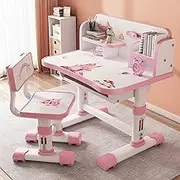 qofezuey Kids Functional Desk and Chair Set for Kids Learning Desk with Chair Ergonomic Adjustable Height for Kids School Study Desk with Bookshelf and Book Bucket for Boys Girls Pink