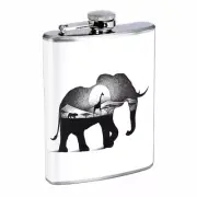 Elephant Art Black White Em1 Flask 8oz Stainless Steel Hip Drinking Whiskey