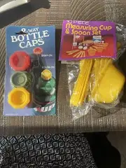Vintage Measuring Cup Spoon Set Yellow 10 Piece Plastic And 2way BottLe Caps