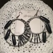 Brighton Wire Beaded Hoop Wood Black Tone Earrings