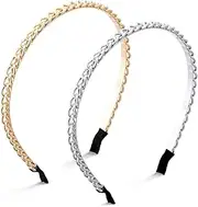 Women Chained Headband Fashion, Metal Thin Headbands for women Girls, Beauty Headbands Hair Hoops Hair Accessories 2Pcs (Gold/Silver, One size)