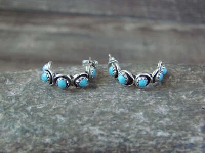 Native American Indian Sterling Silver & Turquoise Hoop Earrings - Lonasee