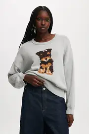 [Cotton On Women] Cotton On Women - Cotton Crew Neck Pullover - Grey marle puppy S GREY MARLE PUPPY