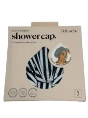 Kitsch Cleanse Eco-Friendly Elevated Luxe Shower Cap Black & White Stripes w/Bow