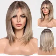 Ombre Ash Blonde Wigs for Woemn Light Blonde Straight Wig with Curtain Bangs ...