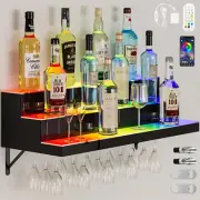 LED Light Liquor Bottle Display Shelf, 3-Step 30-Inch Wall Mounted Wine Rack, Ac