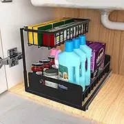 Under Sink Storage and Organisation 2 Tier Under Kitchen Bathroom Sink Organiser No Drilling Rustproof Stainless Steel Pull Out Shelf for Kitchen and Bathroom