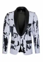 Mens Formal Slim Wedding Prom Reversible White/Black Sequin Blazer Tuxedo Jacket