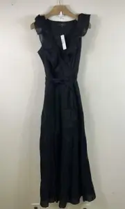 J Crew Ruffle-Front Maxi Dress w/ Braided Belt Tiered Sz 0 NWT Black Goth Fairy