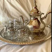 Moroccan Tea Set, Silver Teapot Tray&6 Glasses, Handmade Traditional Design