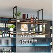Wall Mounted Suspended Wine Rack with Floating Bar Shelves and Wine Glass Holder Stylish Liquor Shelf for Home Bar Cabinet Display Mini Bar Organizer for Liquor Bottles.