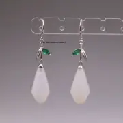 Pure S925 Sterling Silver White Chalcedony Lucky Bamboo Lotus Dangle Earrings