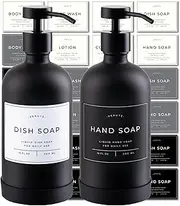 Verute 16oz Glass Soap Dispenser with Stainless Steel Pump, 21 Waterproof Labels, Non-Slip Protective Silicone Pad, Set of 2 for Bathroom & Kitchen (Matte Black Bottle/Black Pump)
