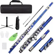 Closed Hole C Flute 16 Keys Cupronickel Nickel-Plated Wind Instrument with Carry Case Flute Stand G s Cleaning Cloth Scre River Cleaning Rod Dark Blue One Size