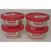 4 Pyrex Simply Store 1 Cup Round Glass Food Storage Bowls with Red Lids 7202