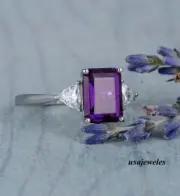 Emerald Cut Genuine Amethyst 2.20CT Engagement Jewelry Ring 14K White Gold Over