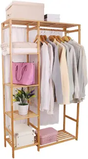 Open Wardrobe Coat Stand with Bamboo Garment Rack and Shelves - 35.4 x 11.8 x 58