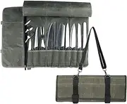 Waterproof Waxed Canvas Chef Knife Roll Pouch, Foldable Travel BBQ Tool Roll Pouch Strap, Portable Knife Case, Knife Organizer with 10 Slots and One Zipper Pocket, Army Green