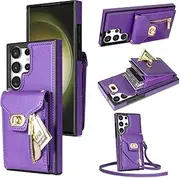 Wallet Case for Samsung Galaxy A14 4G / A14 5G, Matte Leather Wallet Phone Case with Zipper Detachable Shoulder Strap Buckle Design - Purple