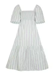 Ganni Striped Seersucker Midi Dress - White - 14 14
