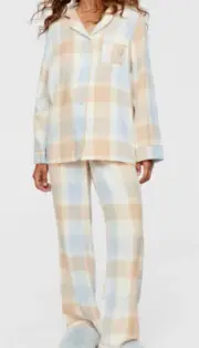 NWT PETER ALEXANDER LADIES BLUE TAN FLANNEL PYJAMA SET SIZE 3+ / AU 24 - 26