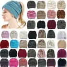 Womens Messy Bun Knitted Ponytail Beanie Hat Plain Winter Wooly Cap Headwear╯