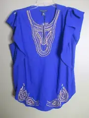 NWT Chico's Black Label 3 / L Blue Beaded Cap Flutter Sleeve Shirttail Hem Shirt