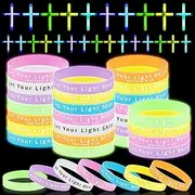 ShinyRelief 100 Pcs Glow in the Dark Christian Party Favors Silicone Bracelets for Kids Cross Necklace Bulk Sunday School Bible Wristbands Luminous Pendant Toys for Religious Gift